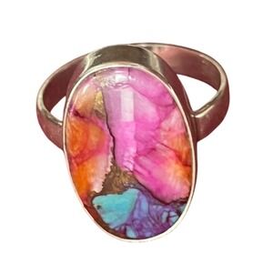 Sterling Silver Spiny Oyster Turquoise Dahlia Composite Oval Statement Ring Sz 8